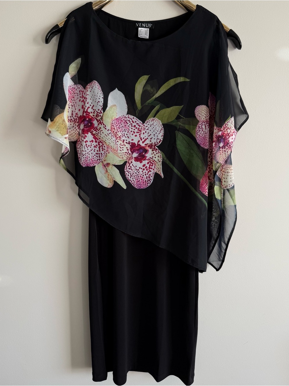 VENUS Y2K Black Orchid Floral Chiffon Overlay Midi Dress XS